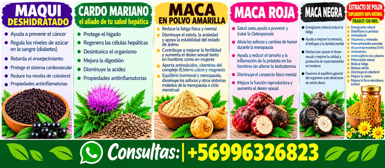 Afiche de productos Hierbas Medicinales Rengo: Maqui deshidratado, Cardo mariano, Maca en polvo amarilla, Maca roja, Maca negra y Extracto de polen